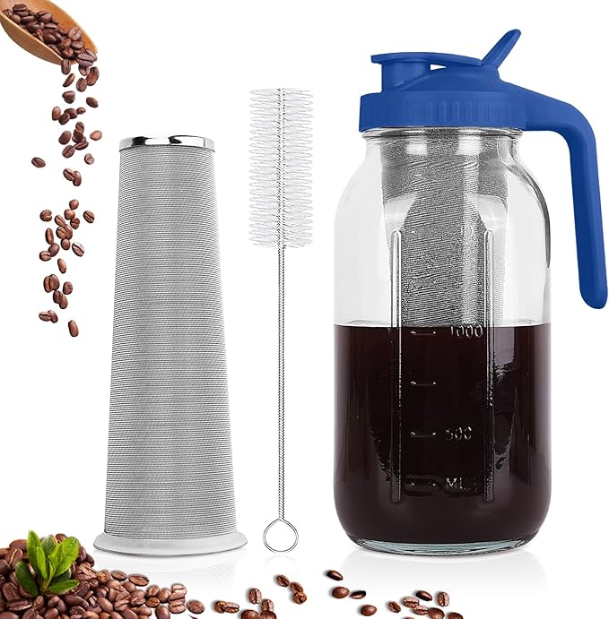Cold Brew Coffee Maker, 64 oz Mason Jar Pitcher with Stainless Steel Filter, Pour Spout Handle Lid, Heavy Duty Glass Airtight & Leak-Proof for Iced Coffee,Tea & Lemonade