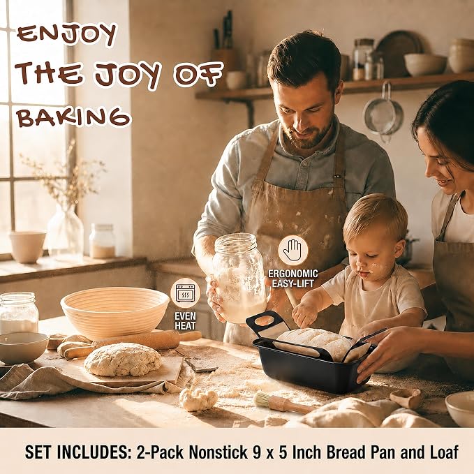 9x5 Loaf Pans for Baking Bread, 2-Pack Bread Loaf Pan Set with Silicone Bread Sling Liners, Nonstick Loaf Liners for Sourdough, Banana Bread, Homemade Bread
