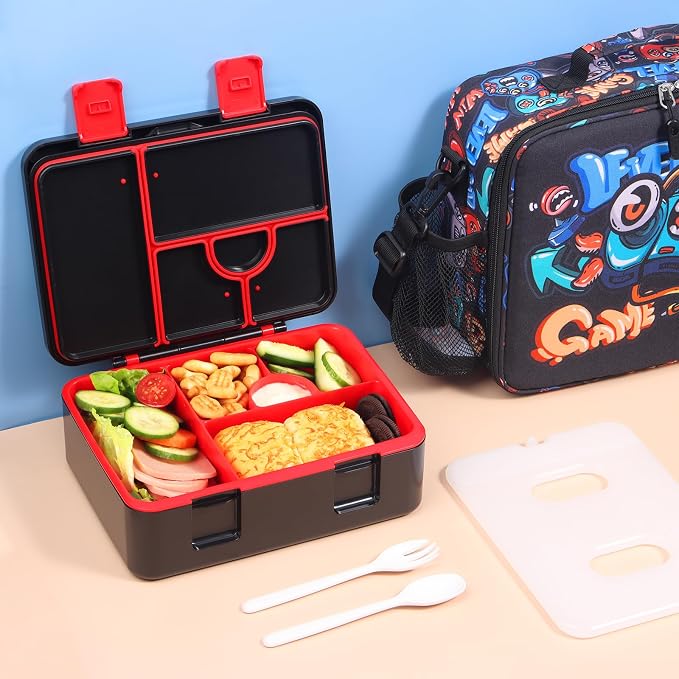 rockpapa Chill Bento Box for Kids- Large 5.5 Cups Lunch Box with Ice Pack - 5 Compartments, BPA-Free, Leak Proof, with Utensils & Portable Handle, Microwave/Dishwasher Safe (Black Games)