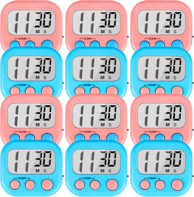 Timer for Kids Digital Kitchen Timers for Cooking- 12 Pack Blue Pink | Countdown Timer for Classroom Study Exercise Teacher Supplies, Strong Magnetic, Loud Alarm, Large Screen, Fast Reset, Memory
