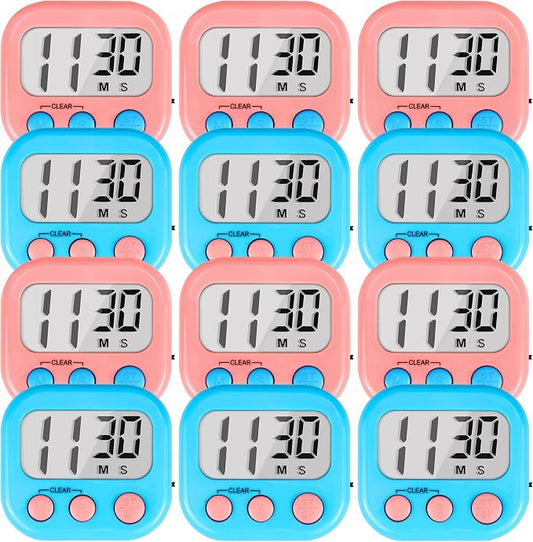 Timer for Kids Digital Kitchen Timers for Cooking- 12 Pack Blue Pink | Countdown Timer for Classroom Study Exercise Teacher Supplies, Strong Magnetic, Loud Alarm, Large Screen, Fast Reset, Memory