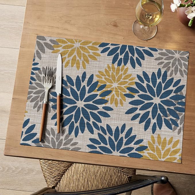 Artoid Mode Floral Vinyl Placemats Set of 4, Heat Resistant Washable Non-Slip Plistic PVC Place Mats for Party Kitchen Dining Decor, Blue Yellow