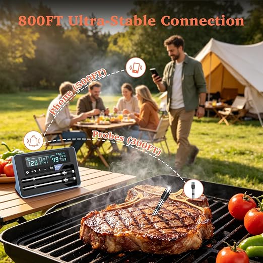 Bluetooth Wireless Meat Thermometer Digital for BBQ Oven Smoker Grill | 800FT Food Thermometer for Cooking with Standalone Base, 2 Meat Probes with Dual Sensors, NIST Certified Accuracy
