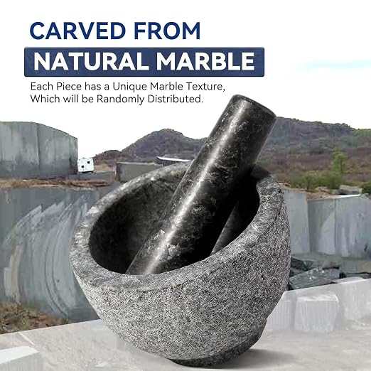 African Natural Granite Mortar and Pestle Set, Grinder Bowl for Guacamole, Salsa, Pill Crusher, Spice, Herb, Garlic, Nut, Heavy Duty Grinder for Kitchen (Sandblasted Finish)