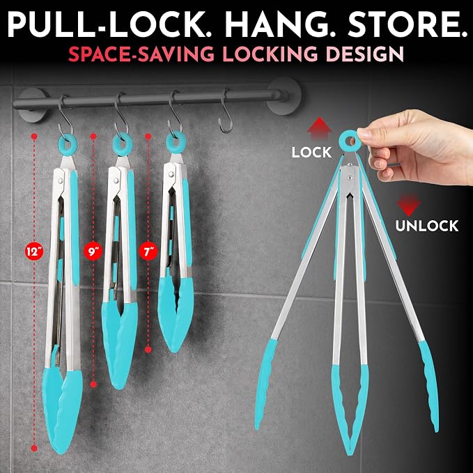 Kitchen Tongs - 12, 9 & 7 Inch Locking Silicone Tongs for Cooking, Set of 3 | Aqua Tongs with Silicone Tips, Heat Resistant Tongs for Grilling, Serving, Mixing