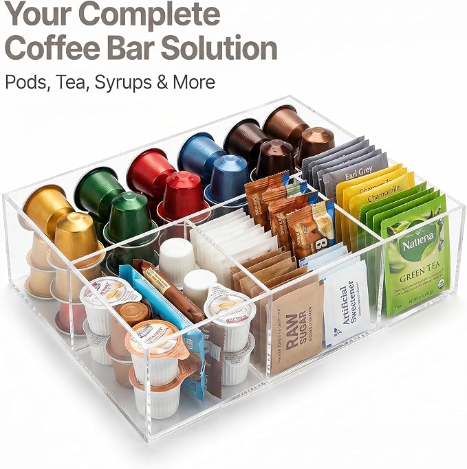 Acrylic Coffee Bar Station, Countertop Snack Tea Organizer & Condiment Tray | Syrup, Creamer, Sugar Packets & Tea Bags