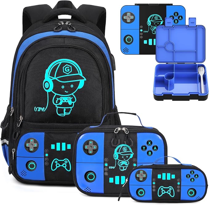 Backpack for School Boys, Cool Luminous Gamer Boys Schoolbag | with Lunch Box & Pencil Case Set for Kids Teens Elementary Middle School, Bookbag Glow In The Dark
