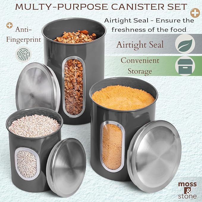 Moss & Stone 3-Pcs Gray Canisters Set for Kitchen Storage Airtight Jars | See-through window, coffee container, tea organizer, sugar canister, 3 nesting sizes, counter decor, easy press-on lids