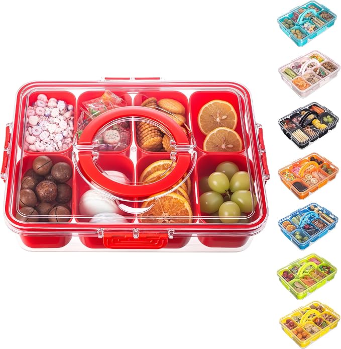 Dingerjar Divided Serving Tray with Lid and Handle - Snackle Box Charcuterie Container for Portable Snack Platters Organizer for Candy, Fruits, Nuts, Snacks - Perfect for Party, Entertaining, Red
