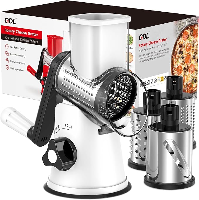 Cheese Grater Rotary, Rotary Grater for Kitchen, Kitchen Grater Vegetable Slicer with 3 Drum Blades, Fast Cutting Cheese Shredder for Vegetables and Nuts | 3 Stainless Steel Blades, 12x Fast Cutting, Non-slip Suction Base, No BPA, Dishwasher Safe, Easy...
