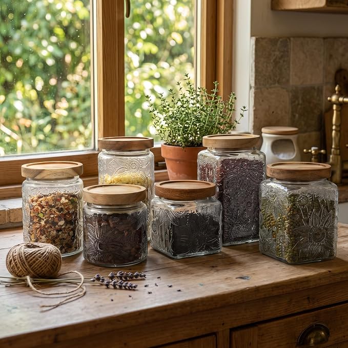 6 Pcs Vintage Glass Jars with Lids, Airtight Snack Coffee Food Storage Set | 17/24/34 oz, Sunflower Glass Decorative Container Set, Kitchen Counter Pantry Use, BPA-Free