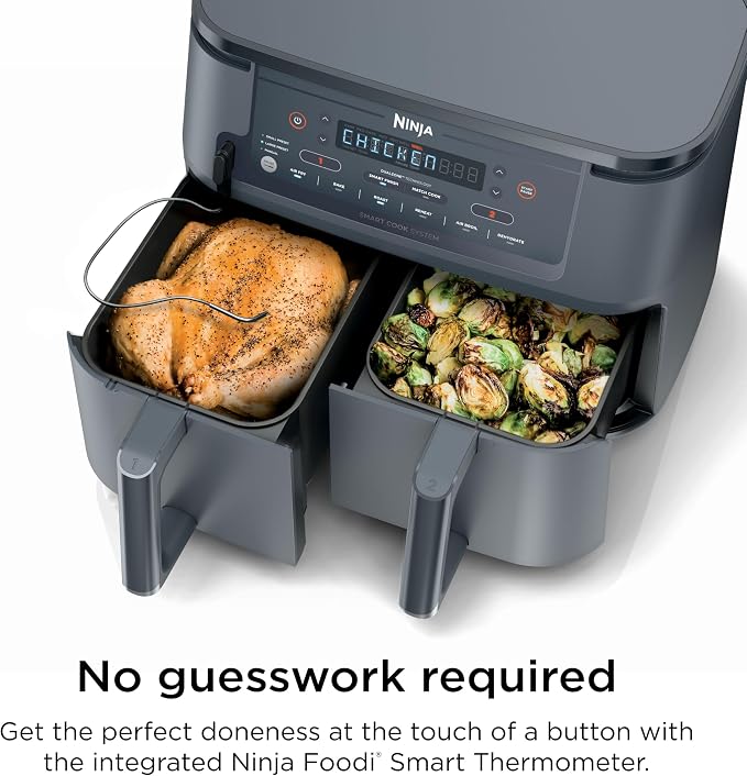 Ninja 6-in-1 10 QT Air Fryer, Foodi Smart Thermometer, Roast, Bake, Air Fry, Crisps, Broil, Reheats, Keep Warm, Fries, Frozen Food, Veggies, & Meat, Light Grey, DZ550GY (Renewed)