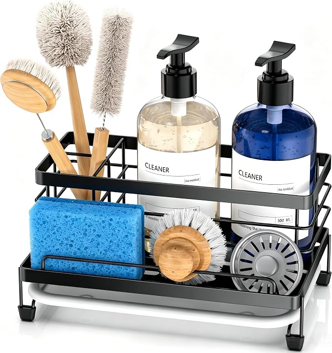 Cisily Sponge Holder for Kitchen, Sink Caddy Organizer, Kitchen Sink Accessories with Drip Tray, Rustproof and Non-slip Kitchen Sink Sponge Holder (Black)