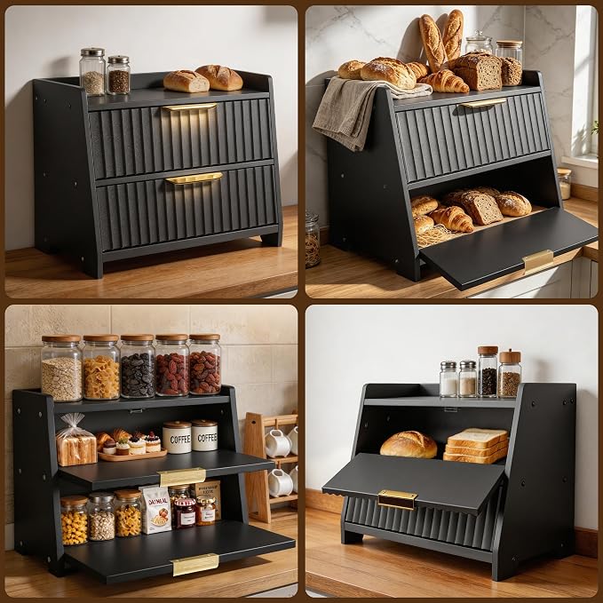 Large Bread Box for Kitchen Counter, Double Layer Wooden Bread Storage Container with Top Shelf, Countertop Organizer Cabinet for Bread, Bagels, Pastries, Coffee Station and Kitchen Essentials (Black)