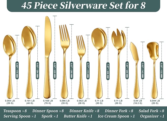 45-Piece Silverware Set with Organizer, Stainless Steel Flatware Set for 8 | Gold Cutlery Utensil Sets, Includes Forks, Knives, Spoons & Serving Utensils, for Dining, Entertaining & Housewarming