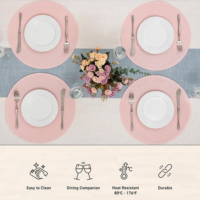 Winknowl 15 Inch Round Braided Placemats Set of 4, Washable Cotton Polyester Table Mats, Heat Resistant Non-Slip Place Mats for Kitchen Dining Table Decor (Pink,4pcs)