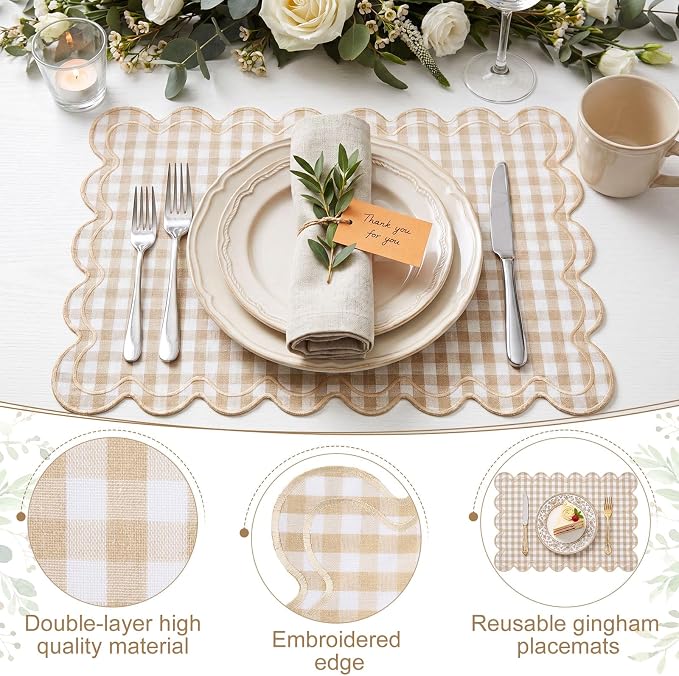 Linen Placemats Set of 12 Scalloped Placemat 13 X19 Wavy Embroidery Double Layered Washable Farmhouse Dinner Fabric Table Mat Napkin for Wedding Party Restaurant(Plaid,Khaki)