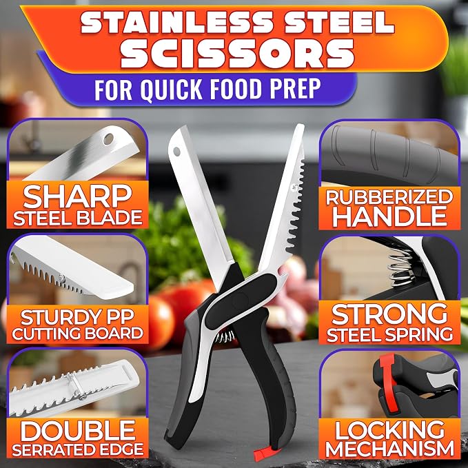 6-in-1 Cutting Board Scissors, Dishwasher Safe and Spring Assist | Meat, Fruits, Fish & Vegetable Scissors Food Cutter, Spring-Assist for Faster Prep, Safety Lock, Fish Scaler, Dishwasher-Safe