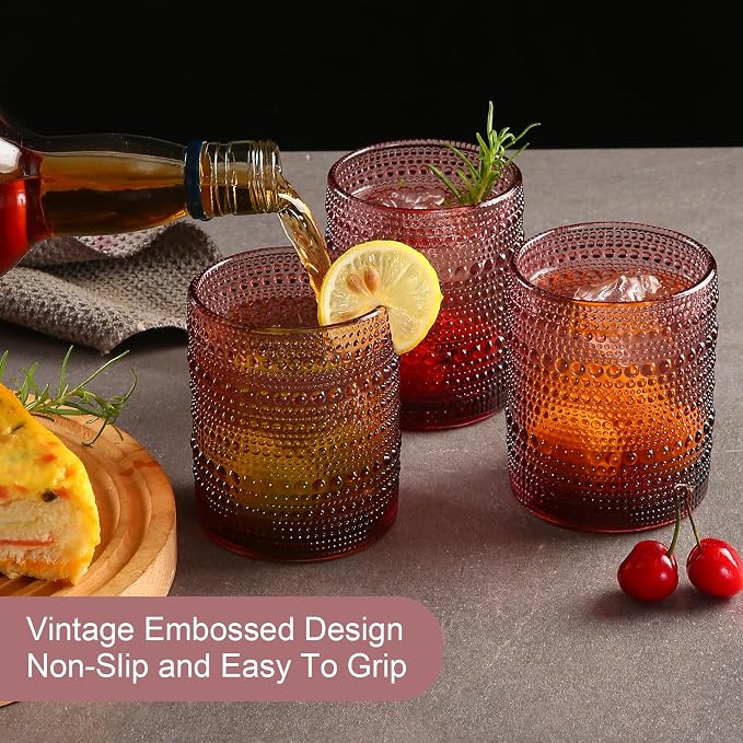 ZMOWIPDL Drinking Glasses Set of 6,12oz Purple Hobnail Glass Cups | Vintage Glassware，Embossed Water Tumbler,for Beer,Cocktail,Whiskey,Juice and Various Mixed Drinks- 1 Cleaning Brush