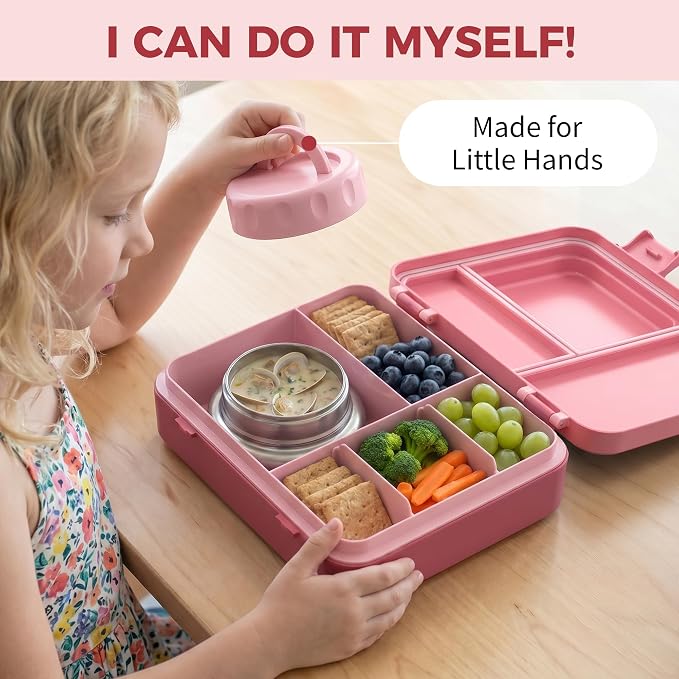 HOMEKOL Bento Lunch Box for Kids with 9oz Insulated Food Jar, Pink | 5-Compartment Leak-Proof Lunch Container for Girls Boys, BPA/BPS-Free, Dishwasher Safe