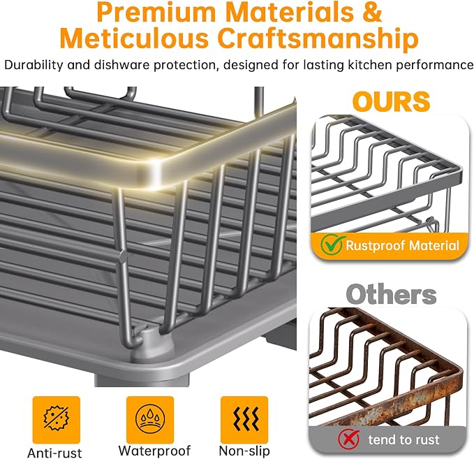 2 Tier Large Detachable Dish Drying Rack for Kitchen Counter, Gray | Compact Dish Drainer Organizer, Rust-Resistant, Space-Saving Dish Rack with Drainboard, Utensil Holder, Kitchen Organizer