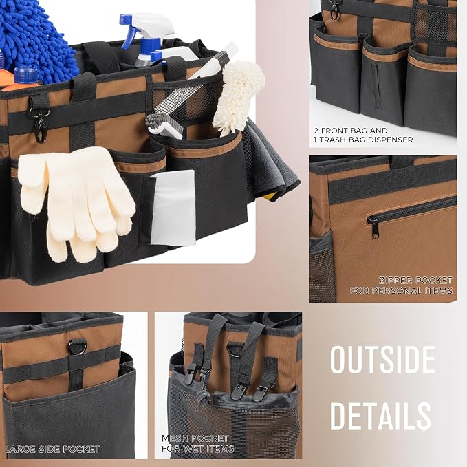 SCAVATA Wearable Cleaning Caddy, Cleaning Caddy Supplies Organizer with Handle & Shoulder Straps for Housekeepers, Under Sink & Car Cleaning Tool Organizers Bag with 4 Foldable Divider (Brown)