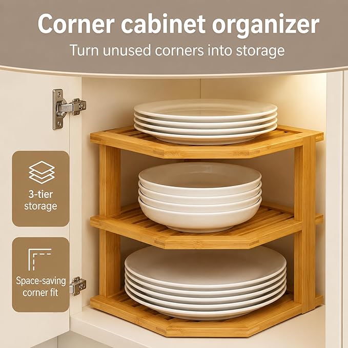 Bambüsi Plate Organizer for Cabinet, Corner Shelf Kitchen Organizer, Bamboo | 3-Tier Countertop Rack, Space-Saving Corner Organizer, Holds Plates Bowls Mugs Cups, Dish Storage Organization, Easy Assembly