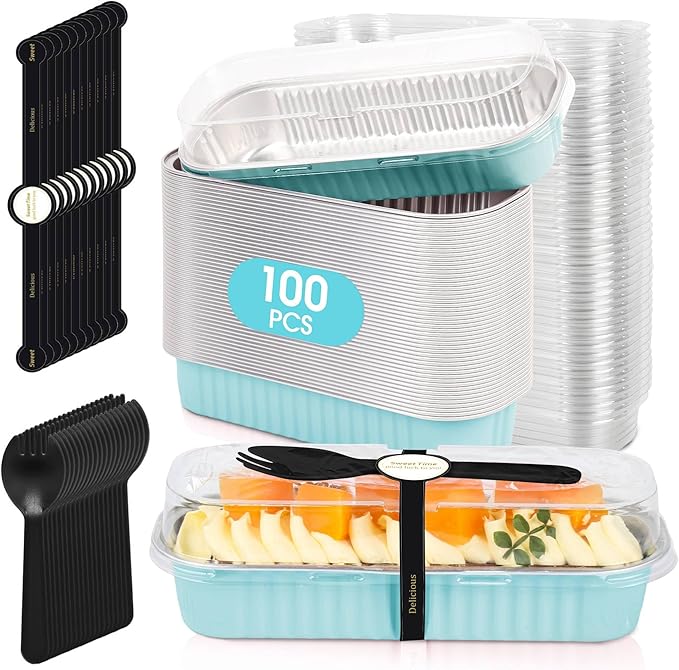 100 Pack Mini Cake Pans with Lids and Spoons, Disposable Aluminum Foil Cake Tins（6.8oz） Individual Small Cake Baking Containers for Party, Wedding, Birthday