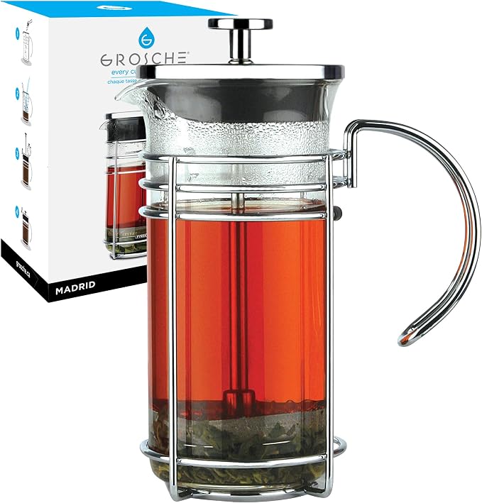 GROSCHE Madrid Glass French Press Coffee and Tea Maker, 11.8 oz (350 ml) | Borosilicate Beaker and Dual Stainless Steel Filter Brew Coffee or Tea in 3 to 4 Minutes, with Easy-to-Clean Parts