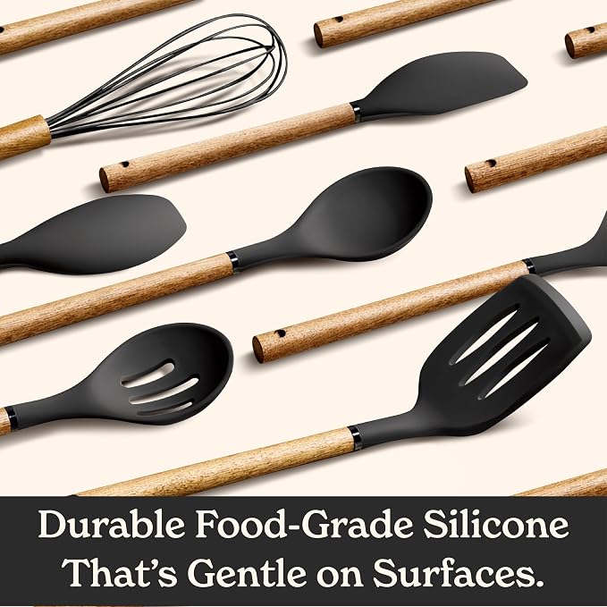 Country Kitchen Non Stick Silicone Utensil Set with Rounded Wood Handles for Cooking and Baking, 8 Piece Set, Black