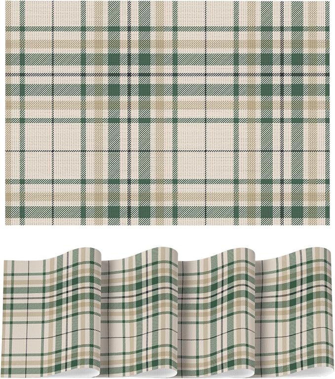Artoid Mode Stripe Plaid Vinyl Placemats Set of 4, 12x18 Inch Washable Non-Slip Heat Resistant Plastic Place Mats for Party Dining Table, Olive Green