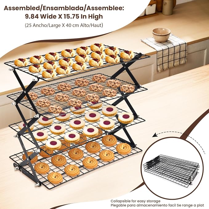 2/3/4-Tier Collapsible Cooling Rack for Baking,Folding Cooling Grid,Adjustable Stackable Roasting Cooking Drying Wire Cooling Rack for Cookies Baking