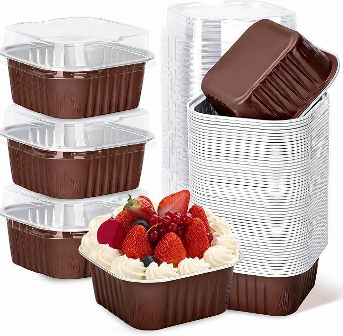 60Pack 5oz Brown Mini Cake Pans with Lids Baking Cups Aluminum Foil Pans Tins, Individual Dessert Cups Containers for Sales,Party,Picnics