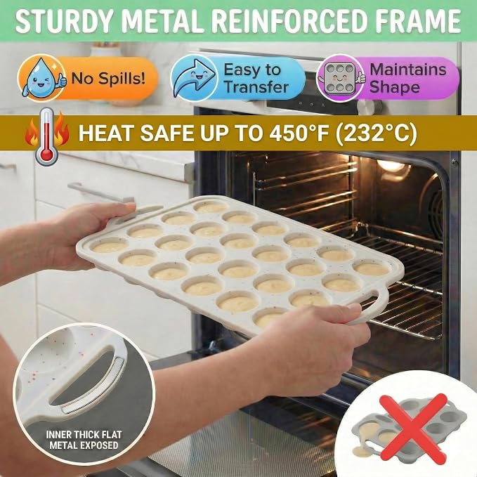 Silicone Mini Muffin Pan, 24 Cup 2 Pack with Metal Reinforced Frame | LFGB Certified BPA-Free Silicone Mini Muffin Pan for Baking with Nonstick Surface for Easy Release.