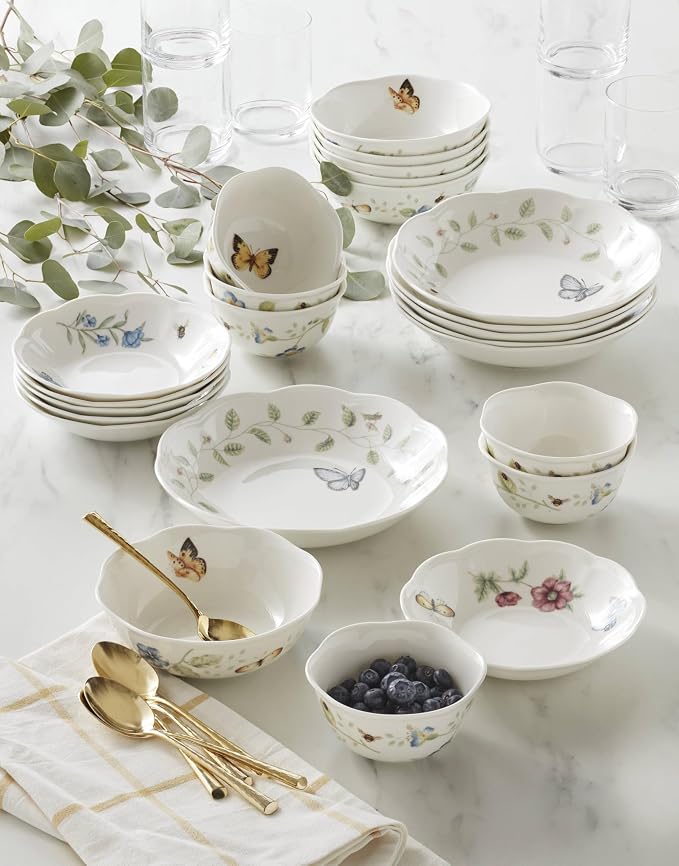 Lenox Butterfly Meadow Porcelain 24-Piece Variety Bowl Set for 6 | dishwasher safe, microwave safe | includes pasta, dessert, all-purpose, and fruit bowls, 6 each | 8.75 inch diameter
