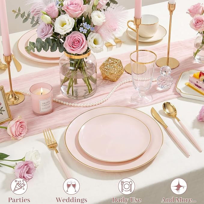 DaYammi 150Pcs Pink Plastic Plates with Gold Rim,Elegant Disposable Dinnerware with Gold Cutlery - 30 Dinner Plate,30 Dessert Plate,30 Knives,30 Forks,30 Spoons,Fancy Pink Plates for Party Wedding
