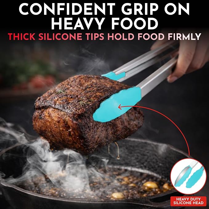 Kitchen Tongs - 12, 9 & 7 Inch Locking Silicone Tongs for Cooking, Set of 3 | Aqua Tongs with Silicone Tips, Heat Resistant Tongs for Grilling, Serving, Mixing