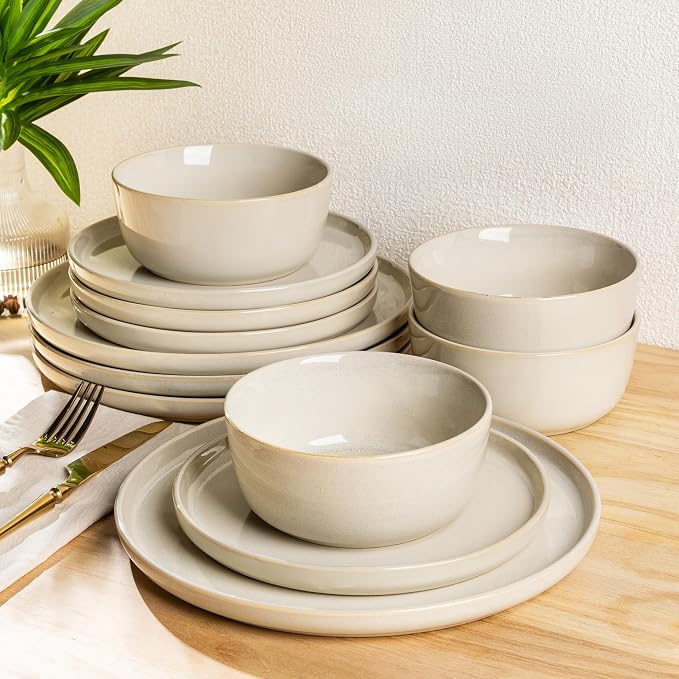 AmorArc Stoneware Dinnerware Sets for 4, 12Pcs Plates and Bowls Sets Dishes | Ceramic Round Reactive Glaze Dishes Set, Highly Scratch Resistant | Dishwasher & Microwave Safe Dishware