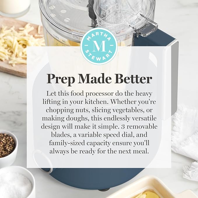 Martha Stewart 10 Cup Food Processor & Electric Chopper, One Touch Pulse | BPA-Free Bowl, 3 Multipurpose Blades, Easy Food Prep, Chop, Slice, Shred, Puree, Emulsify, Speed Dial, Wide Feed Chute, Navy