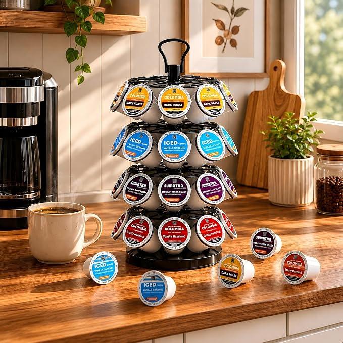 K Cup Holder-Coffee Pod Holder Organizer for 36 Pods,4-Tier K Cup Storage | K Cup Organizer,Stable Base,360°Rotating K Cup Carousel,Space-Saving for Countertop&Office,Coffee Pod Carousel Easy Assembly