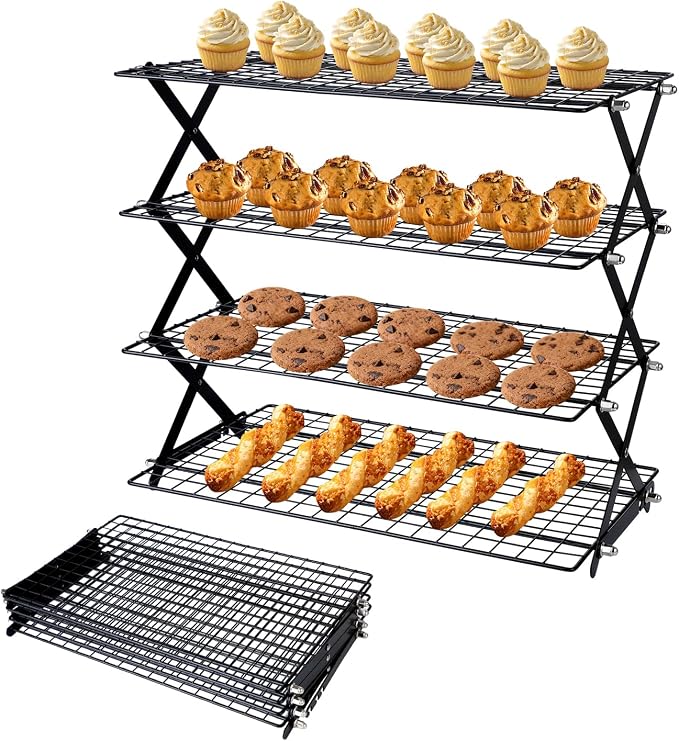 4 Tier Cooling Rack, Adjustable Collapsible Stainless Steel Baking Rack | Tight-Mesh X-Frame Stand for Cookies, Bread, Cakes, Pastries and Meal Prep