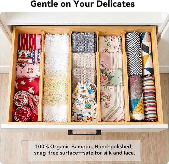 4 Pack 6" Deep Bamboo Drawer Dividers, 17-22" Expandable Kitchen Organizers | Adjustable Spring-Loaded Tension Separators with Foam Pad for Clothes, Utensils, Kitchen, Dresser, Nursery & Bathroom