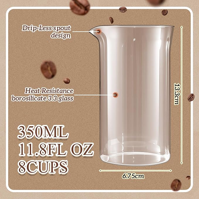 2 Pcs 12 oz French Press Replacement Glass Universal Replacement Beaker for French Press Tea and Coffee Makers Borosilicate 3.3 Glass Spare Carafe