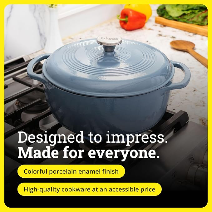 Lodge Essential Enamel Cast Iron Dutch Oven 6 Quarts - Perfect for Bread Baking, Braising, Marinating & Slow Cooking, Features Moisture-Sealing Lid & Dual Handles, Kitchen Essentials, Storm Blue