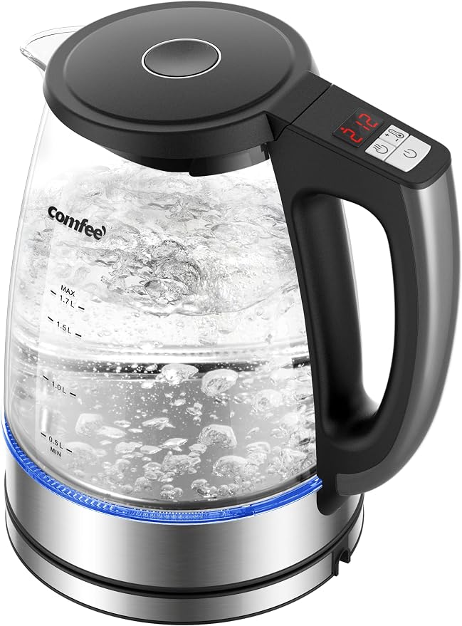 COMFEE' 1.7L Glass Temperature-Control Electric Kettle with 6 Preset Modes