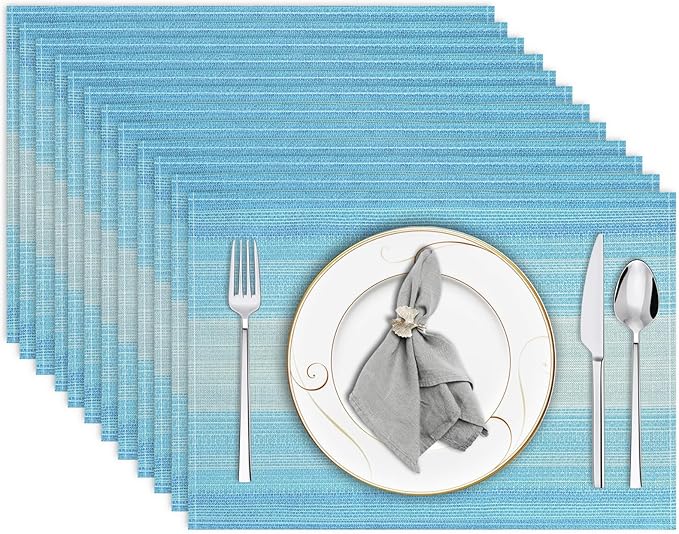 Blue Placemats Set of 12, 12x18 Inch Washable Easy to Clean Heat-Resistant Anti-Skid Table Mats for Holiday Party Kitchen Dining Room Decoration