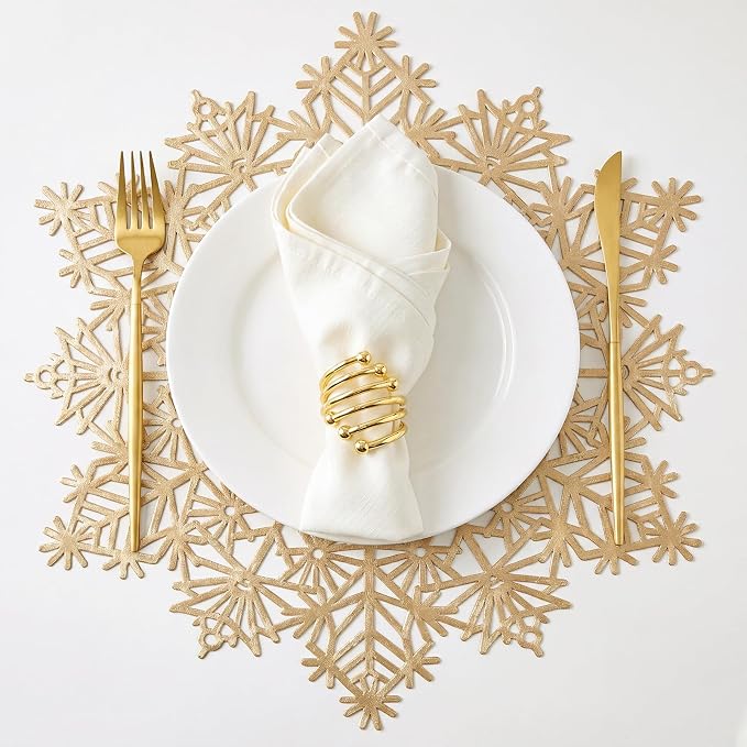 ADRIMER Snowflake Placemats Set of 6, Gold Vinyl Table Mats 15 Inch | Easy to Clean Placemat, Heat Resistant Hollow Wipeable Table Placemats for Thanksgiving Christmas Wedding Holiday Decor