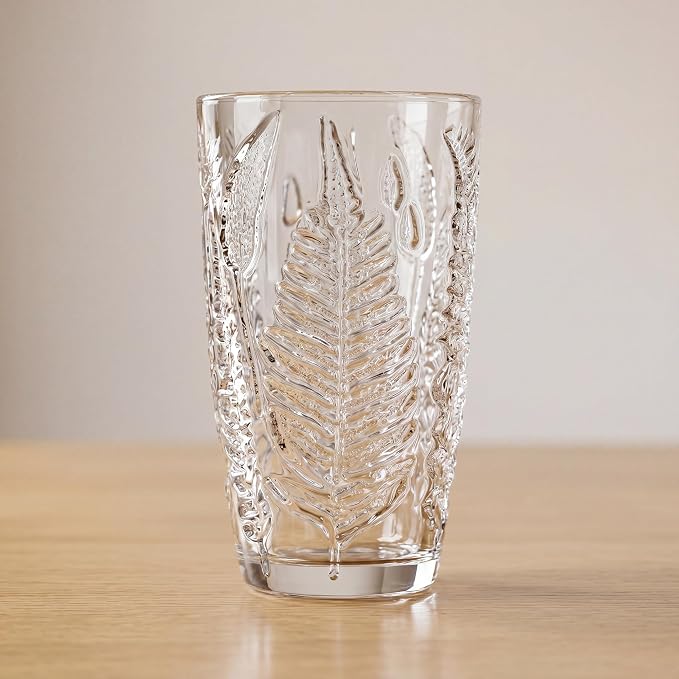 Clear Drinking Glasses Set of 4, 16 oz Glass Cups, Vintage Fern Glassware | Hand-Pressed, Dishwasher Safe, Boho Leaf-Textured Drinkware, Decorative Embossed Highball Tumblers for Water, Retro Kitchen