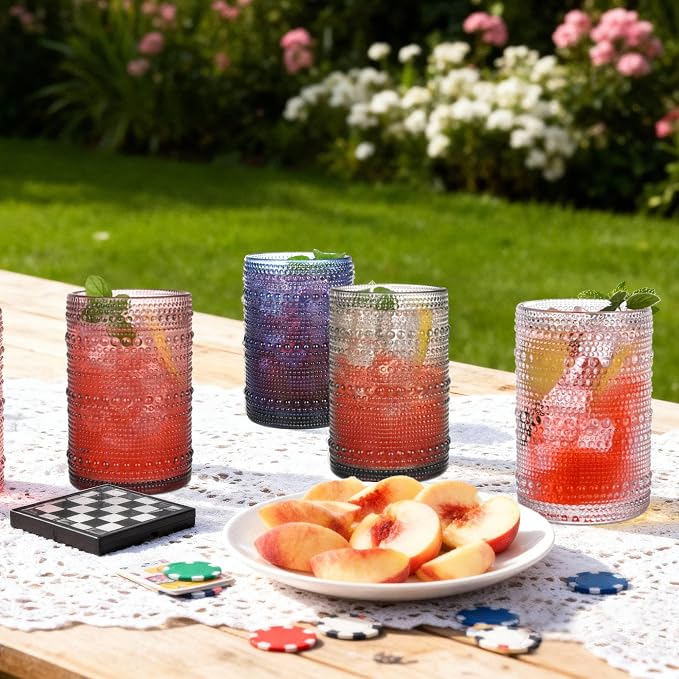 Purple Hobnail Drinking Glasses Set of 6,15 oz Vintage Highball Glasses,Drinkware Kitchen Glasses for Cocktail,Iced Coffee,Beer,Ice Tea,Wine,Whiskey,Water