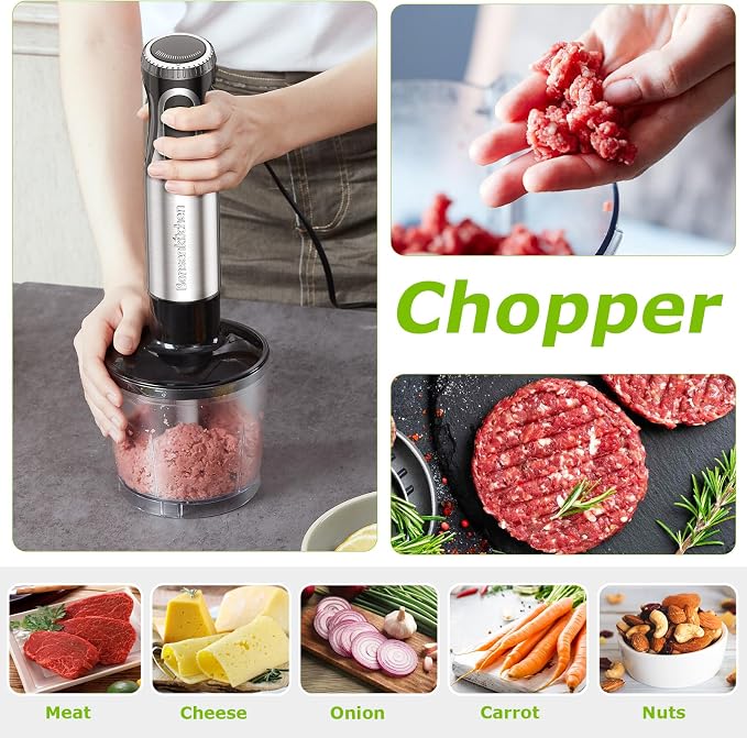 Bonsenkitchen Immersion Blender with Food Processor, 20 Speeds & Turbo Mode | 4-in-1 Emulsion Hand Blender, Egg Whisk, 24 oz Beaker & Chopper Bowl, Portable Hand Mixer for Smoothie, Soup, Baby Food